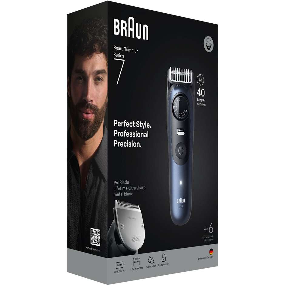 Braun BT7520 Beard Trimmer 7 + Accessori Bagnato e secco Colore Nero, Blu