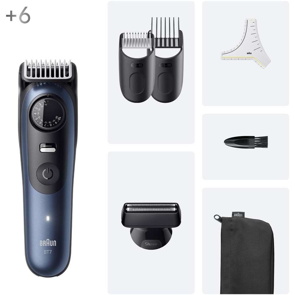 Braun BT7520 Beard Trimmer 7 + Accessori Bagnato e secco Colore Nero, Blu