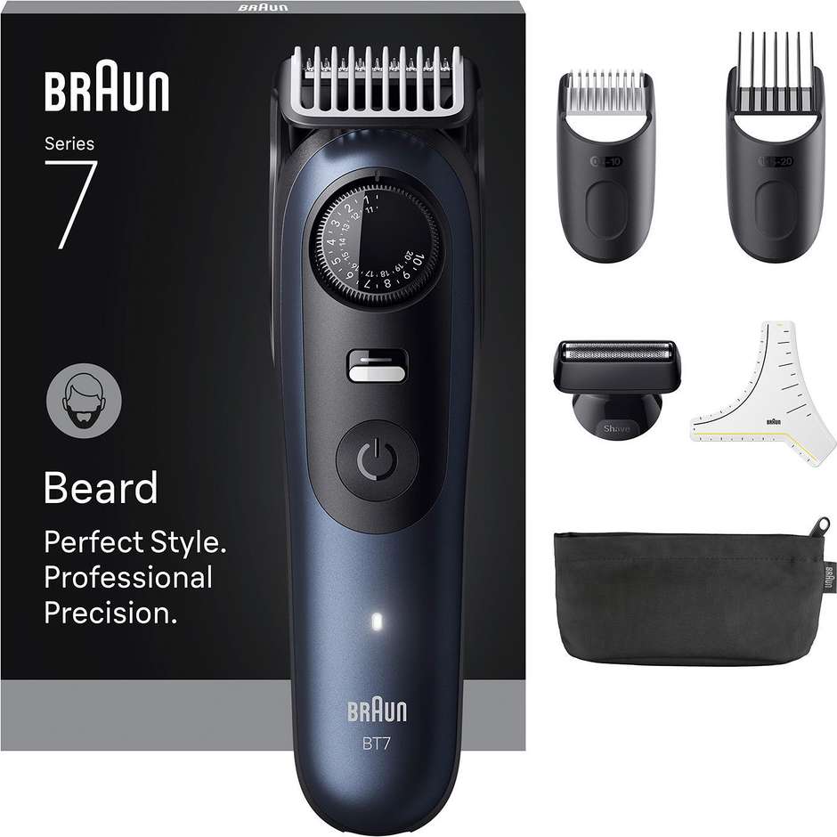 Braun BT7520 Beard Trimmer 7 + Accessori Bagnato e secco Colore Nero, Blu